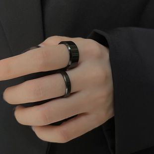 潮酷ins风情侣黑色钛钢不掉色戒指男女小众高级百搭中食指环个性