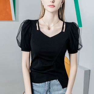 时尚国标舞上衣女新款夏季短袖棉泡泡袖交谊摩登拉丁舞练功服高端