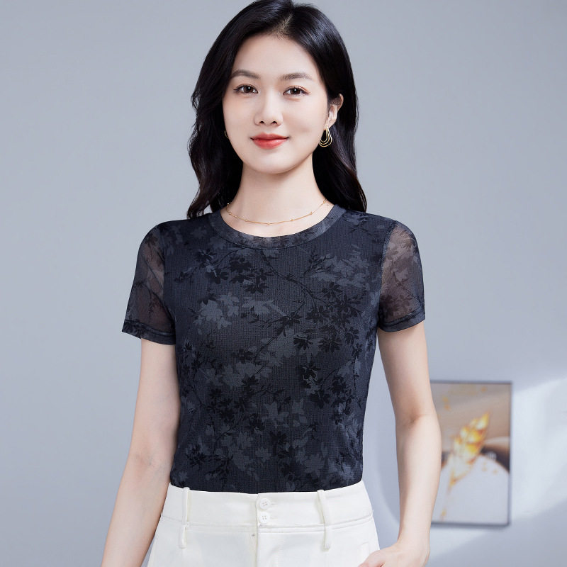 2026新款跳舞上衣女短袖夏季网纱舞蹈练功服交谊国标摩登拉丁练习