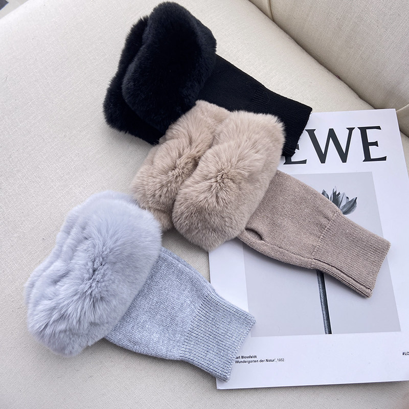 獭兔毛口针织手套女冬韩国ins可爱露指毛毛手筒皮草半指保暖手套