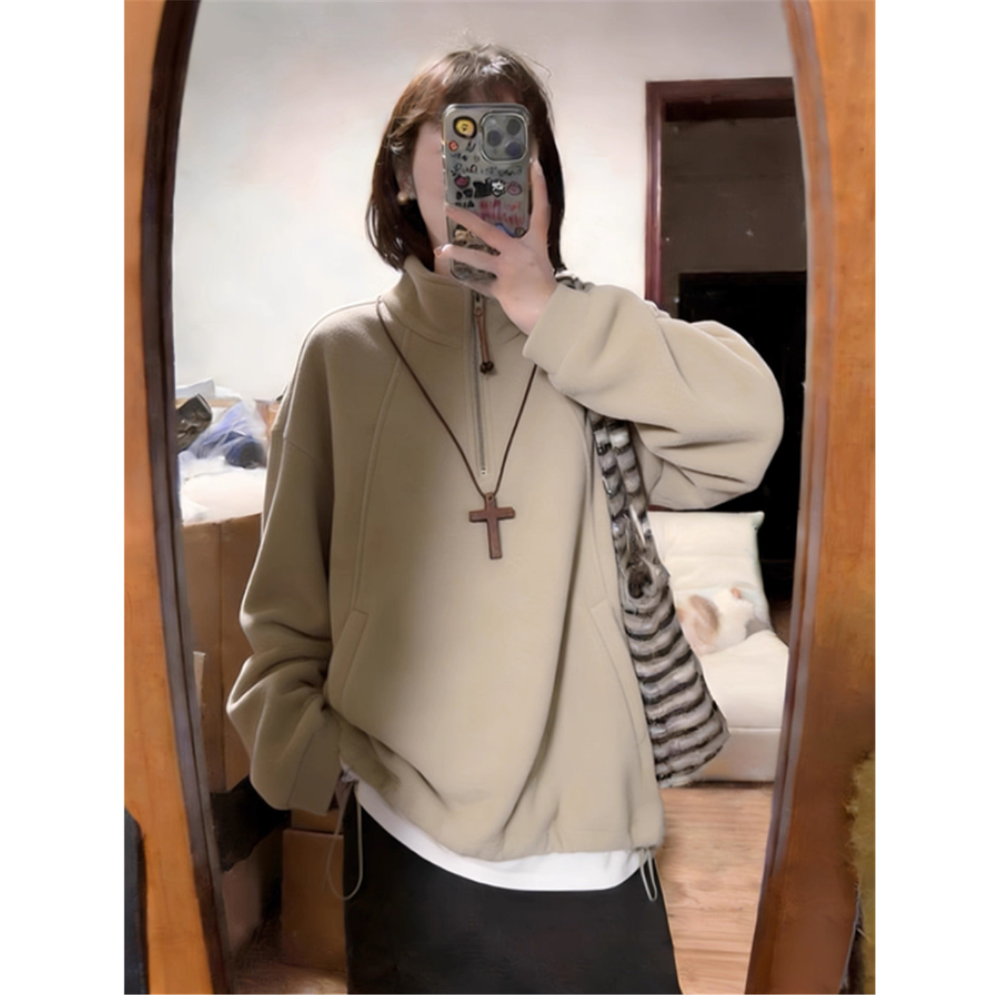半拉链立领卫衣女宽松外套上衣服图片