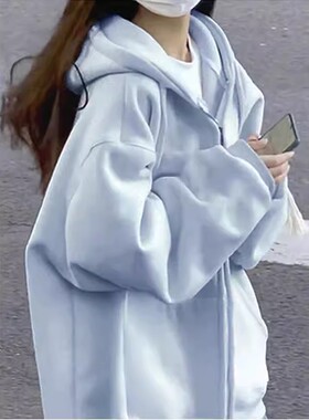 奶蓝色薄款连帽卫衣女春秋oversize纯色外套宽松慵懒拉链开衫上衣