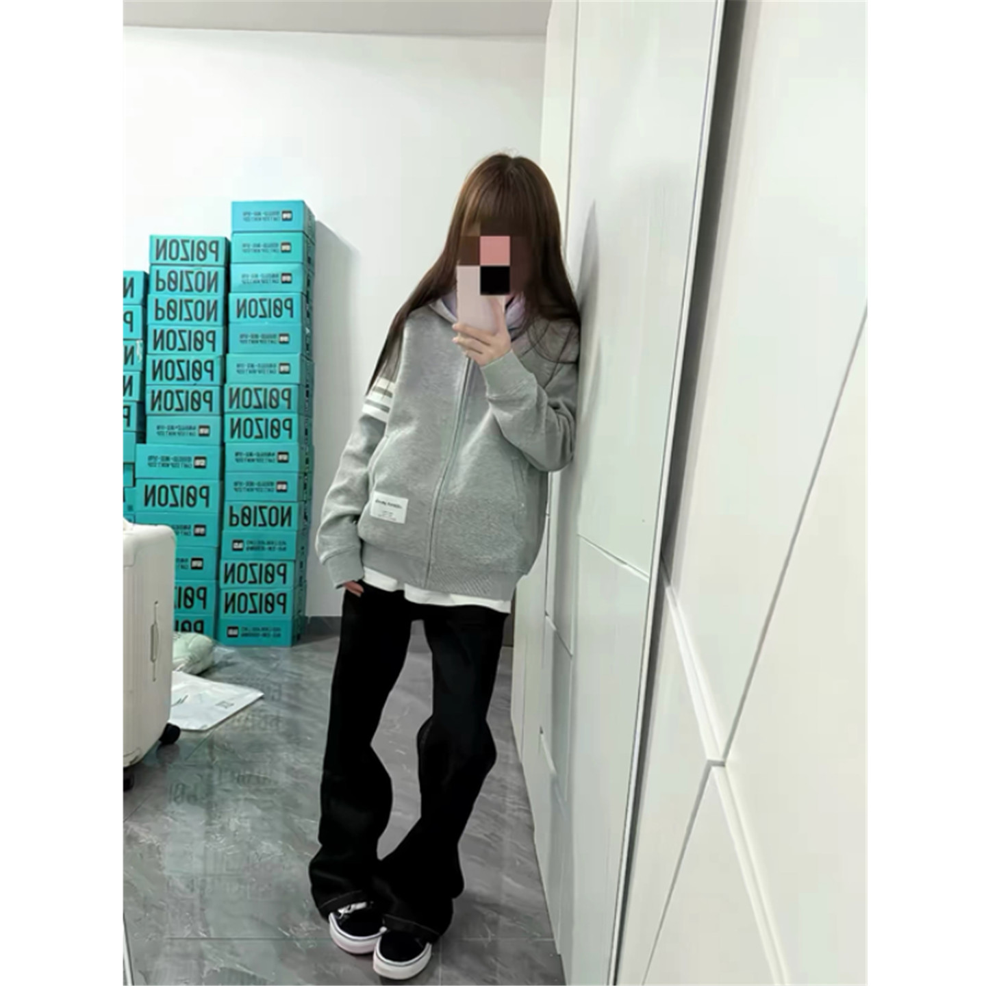 美式复古三条杠条纹灰色连帽卫衣女春秋薄款外套宽松拉链开衫上衣