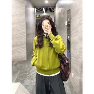 潮牌綠色連帽衛(wèi)衣女春秋oversize寬松慵懶風(fēng)拉鏈開(kāi)衫 美式 外套上衣