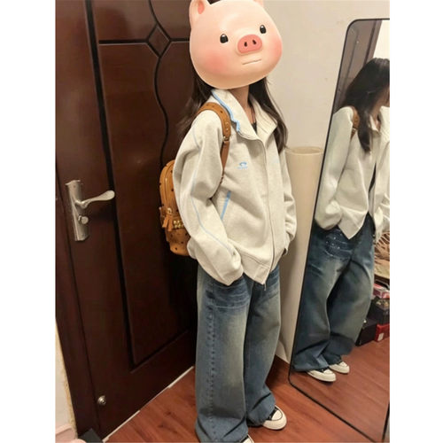 美式哈苏线立领开衫卫衣女春秋宽松慵懒风情侣运动外套棒球服上衣 - 封面