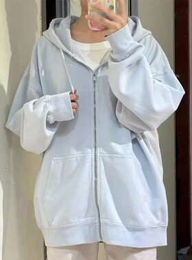 奶蓝色连帽卫衣女春秋oversize薄款外套宽松韩系chic慵懒开衫上衣