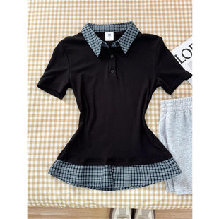 显瘦短款 假两件polo领短袖 设计感小众修身 2026新款 上衣 t恤女夏季