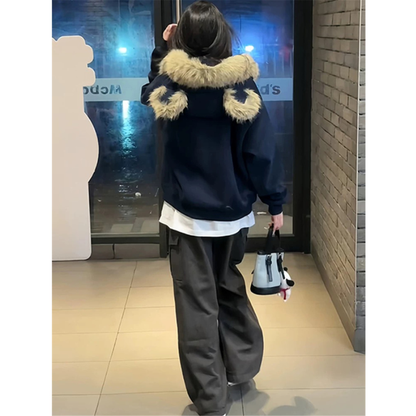 小熊耳朵毛领连帽卫衣女秋冬加绒加厚学院风宽松慵懒chic开衫外套