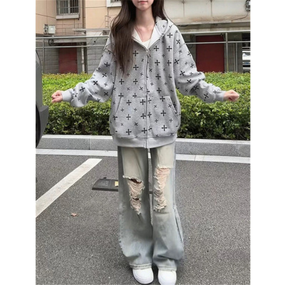 连帽卫衣女宽松oversize开衫外套