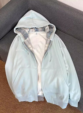 格子拼接蓝色连帽卫衣女秋冬oversize加绒加厚宽松慵懒风开衫外套