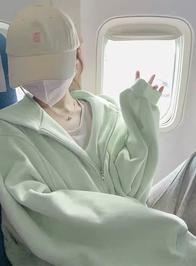 绿色连帽卫衣女秋冬oversize加绒加厚外套chic慵懒风宽松开衫上衣