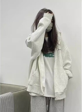 美式复古白灰色连帽卫衣女春秋oversize薄款外套宽松慵懒开衫上衣