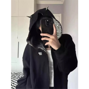 上衣 外套chic宽松慵懒风开衫 美式 复古豹纹耳朵连帽卫衣女春秋薄款