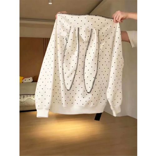 波点长兔耳朵连帽卫衣女宽松外套