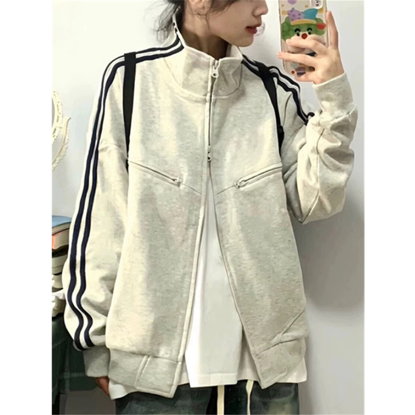 双杠分割拉链卫衣女宽松开衫外套