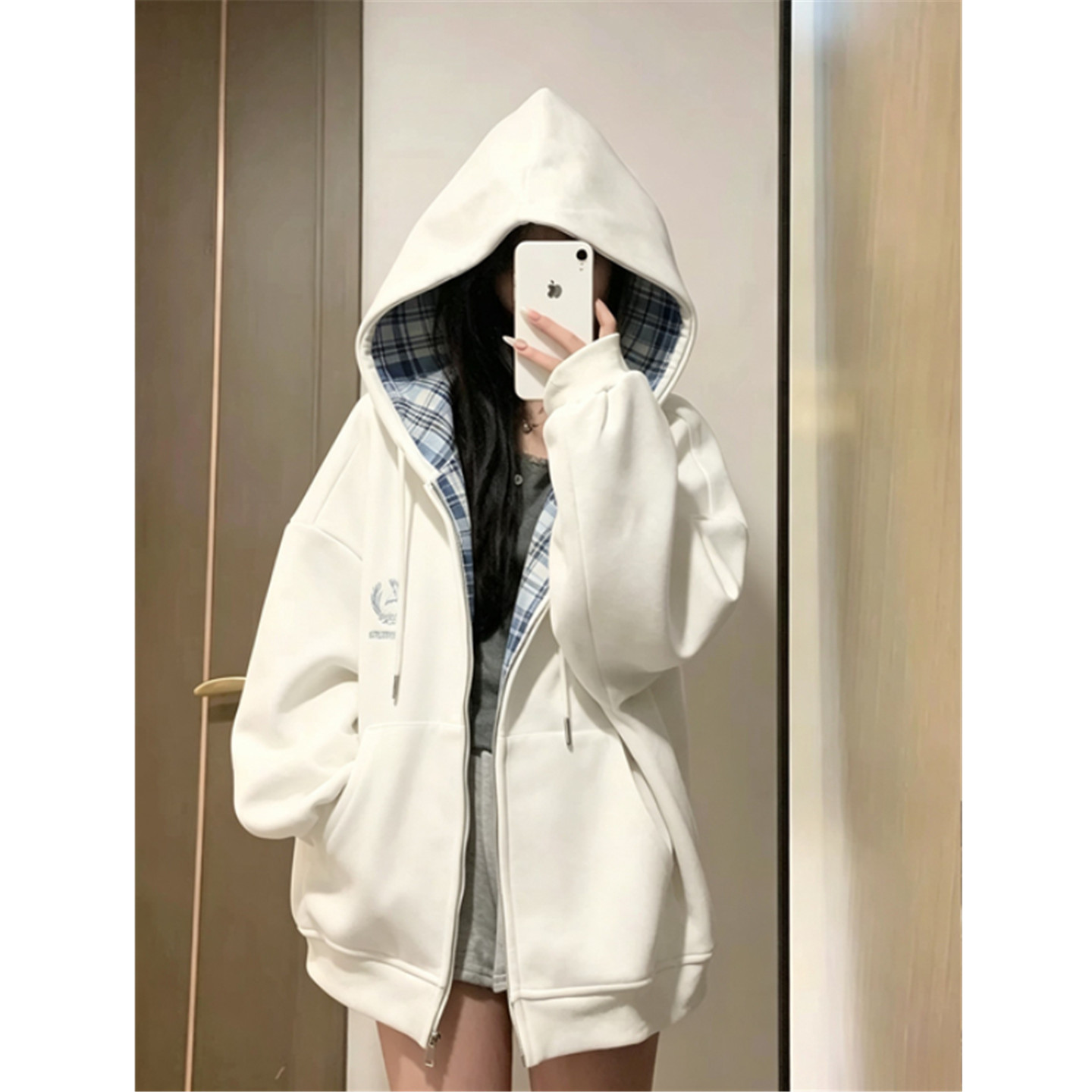 格子连帽卫衣女宽松开衫外套上衣图片