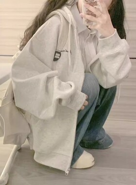 美式复古白灰色连帽卫衣女春秋oversize薄款宽松慵懒开衫外套上衣