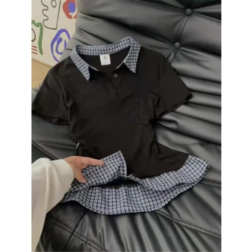 polo领短袖t恤女修身短款上衣服