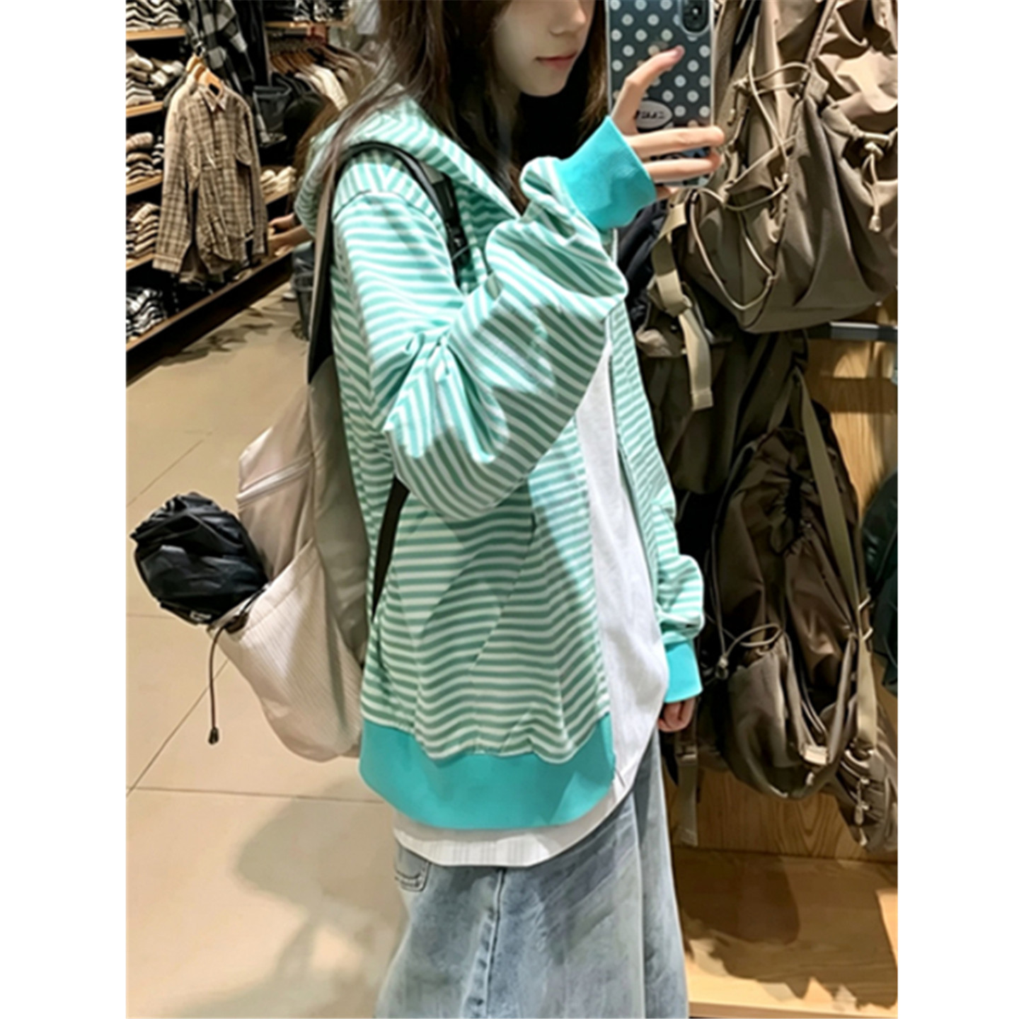 条纹连帽卫衣女宽松开衫外套上衣图片