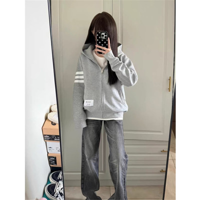条纹连帽卫衣女宽松拉链开衫外套