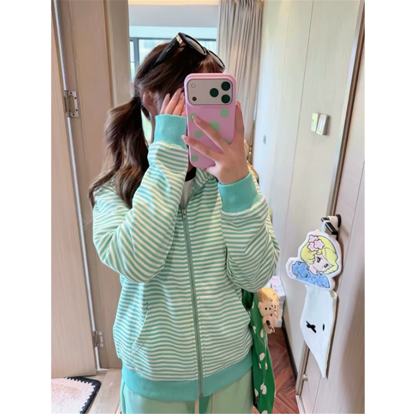 条纹连帽卫衣女宽松开衫外套上衣图片