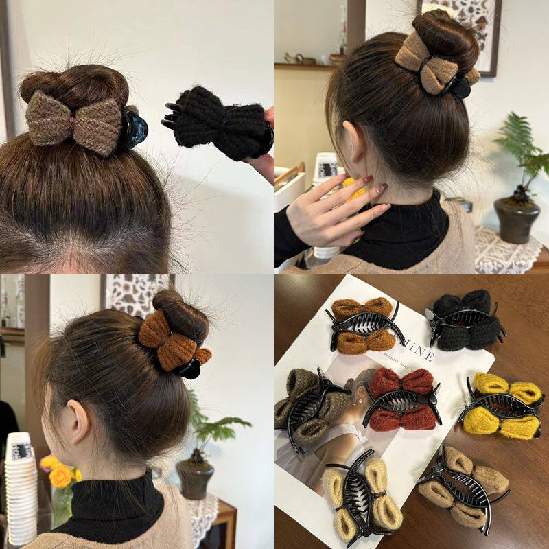 秋冬咖系复古发卡针织蝴蝶结丸子头抓夹头饰女高级感发夹鲨鱼夹子
