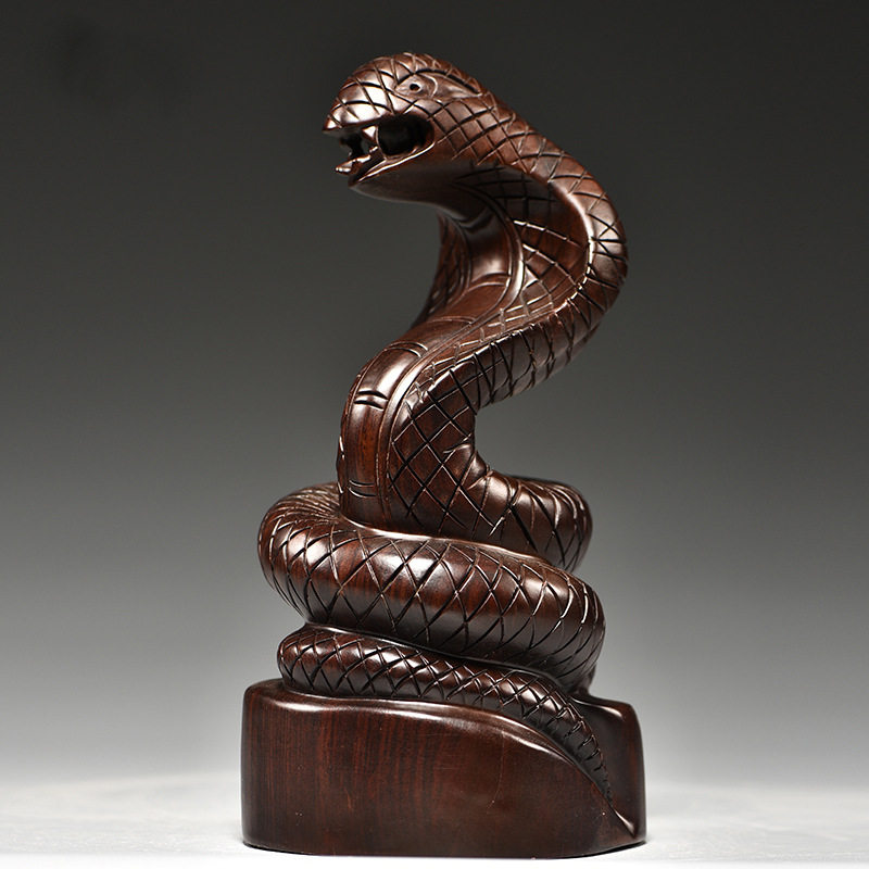 黑檀木雕蛇摆件三合十二生肖木头蛇眼镜蛇家居办公装饰红木工艺品