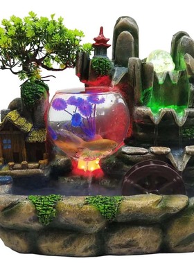 中式新款创意家居树脂假山流水喷泉摆件室内鱼缸客厅装饰工艺品