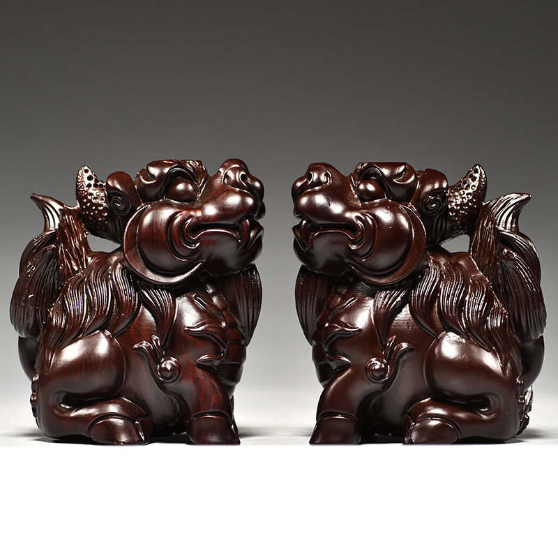 黑檀木雕麒麟摆件红木家居客厅玄关公司装饰开业乔迁送礼手工艺品