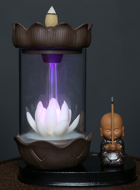静尘 跨境专供防风罩小和尚白莲花LED灯倒流香炉家居饰品摆件原创