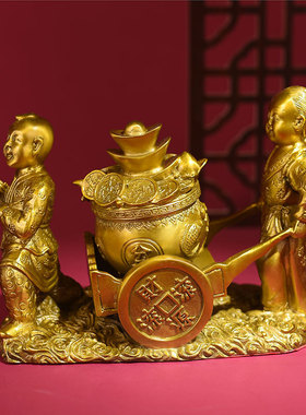 纯铜送财童子摆件推车童子推车送宝铜聚宝盆财运滚滚摆件客厅公司