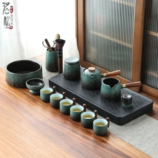 家用客厅简约陶瓷干泡茶盘轻奢现代小套礼品 窑变粗陶功夫茶具套装
