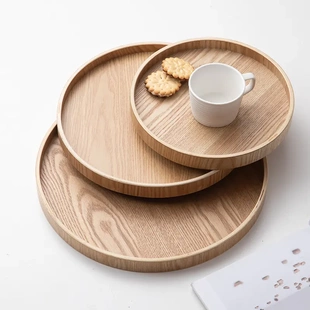 木质托盘圆形茶盘家用创意复古圆盘收纳盘甜品盘餐盘 日式