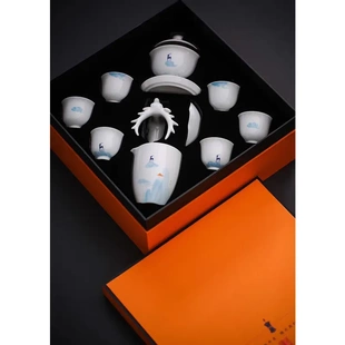 陶瓷盖碗居家套装 九色鹿玉瓷套装 功夫茶具白瓷茶杯公道可印制logo
