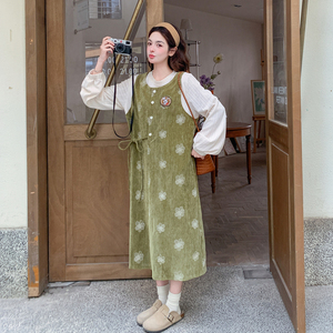2615kp165k265假两件拼接连衣裙女长款2026春季新款韩版刺绣A字裙图片