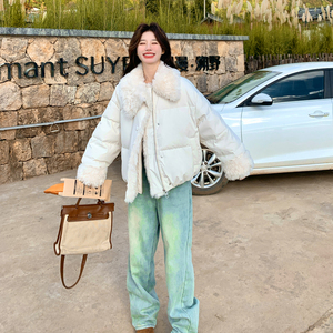 现货2571kp325k478白色短款羽绒服女冬季保暖宽松小个子毛领外套图片