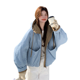 蓝色设计感工装羽绒服女冬季2025新款美式韩系高级感90白鸭绒外套，女装羽绒服，丽人依阁
