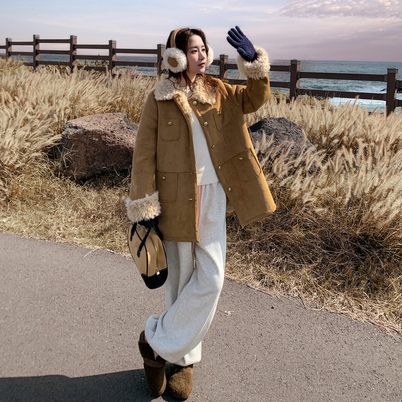 256kp215k315麂皮绒外套宽松加厚保暖中长款夹克2025冬季新款,女装短外套,丽人依阁