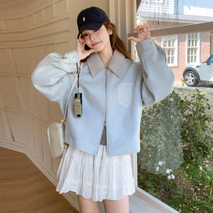 超好看蓝色翻领麂皮绒外套女春季2025新款韩系学院风休闲夹克上衣图片