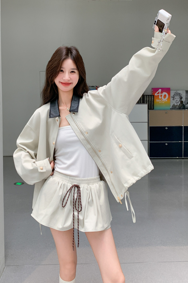 美式复古拼接翻领外套女2025秋季新款甜酷风休闲小个子短裙两件套,女装套装/套裙,丽人依阁