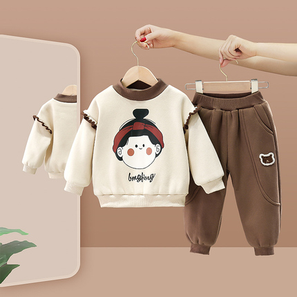 女童秋冬季儿童新款套装韩版卡通娃娃加绒加厚卫衣休闲运动两件套