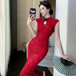 新中式 裙新娘敬酒服 红色改良旗袍裙暗纹提花收腰鱼尾性感御姐长款