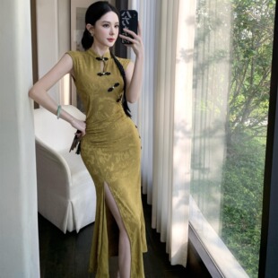 开衩长款 改良旗袍裙御姐性感辣妹无袖 礼服连衣裙 年轻款 国风新中式