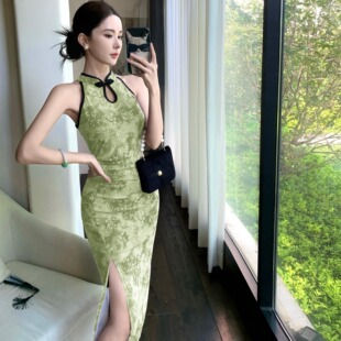 改良旗袍气质网纱印花收腰性感无袖 新款 挂脖包臀连衣裙 时尚 新中式