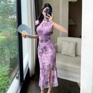 时尚 包臀连衣裙 优雅气质改良旗袍裙性感网纱紫色显白收腰开衩长款