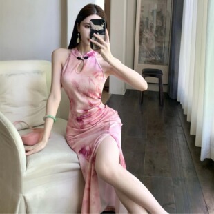 新中式 改良温柔粉色旗袍性感高开衩收腰连衣裙气质优雅绝美长裙夏