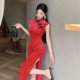 中国风红色压花无袖 旗袍新娘敬酒服 复古气质收腰丝绒连衣裙新中式