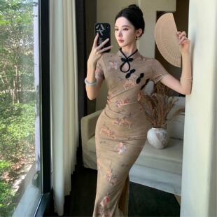 包臀连衣裙夏 裙时尚 新中式 改良旗袍复古印花收腰开衩温柔气质长款