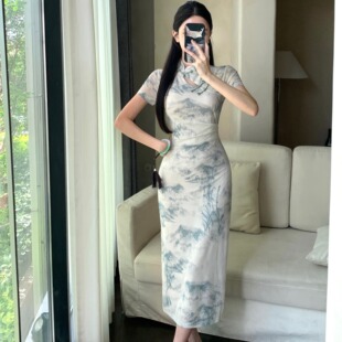 江南水墨旗袍改良新中式 收腰长裙复古气质网纱印花显瘦包臀连衣裙