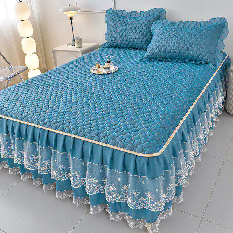 韩版花边纯色小清新乳胶凉席床裙三件套可水洗夏天家用冰丝席